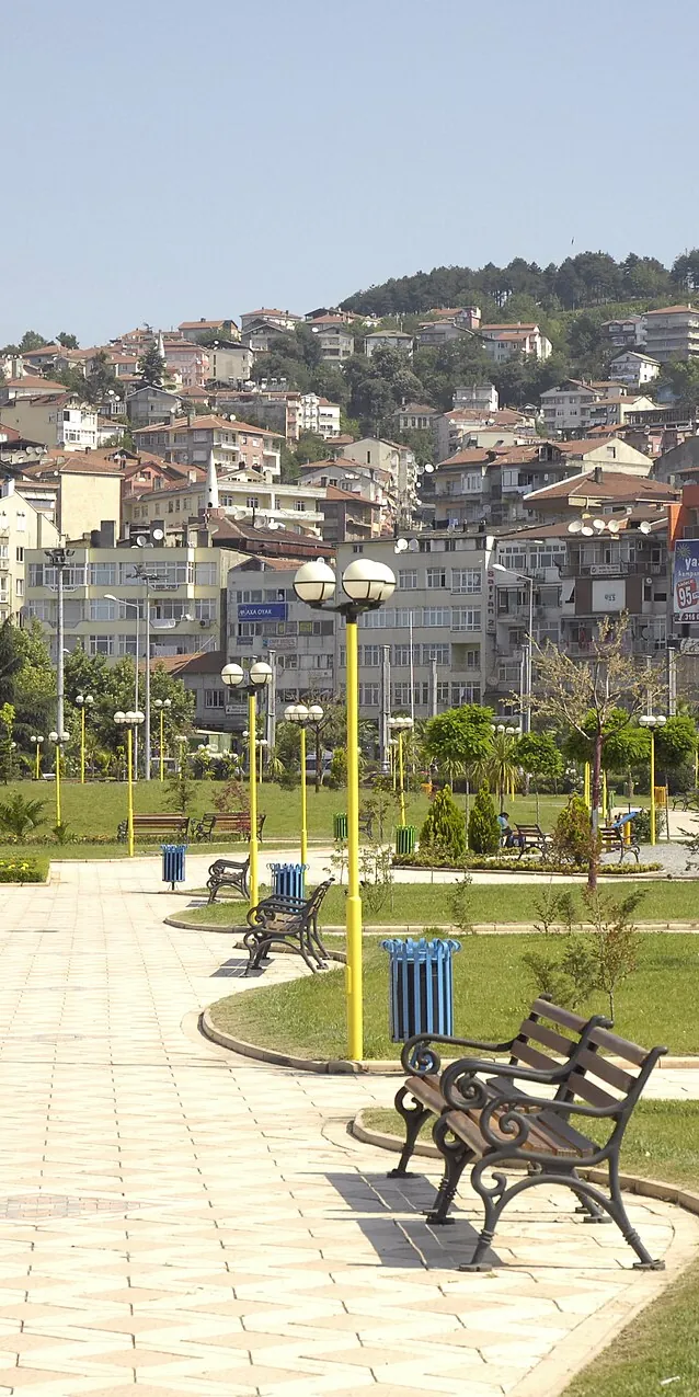 Şehir merkezindeki park ve yamaçtaki evler