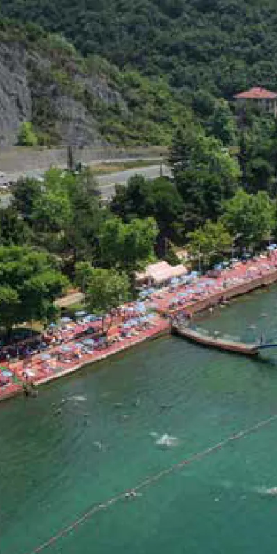 Yeşil yamaçların önünde plaj ve koy