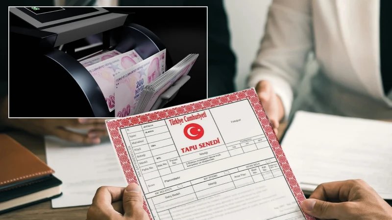 Tapu senedi tutan eller ve para sayma makinesi arka planı